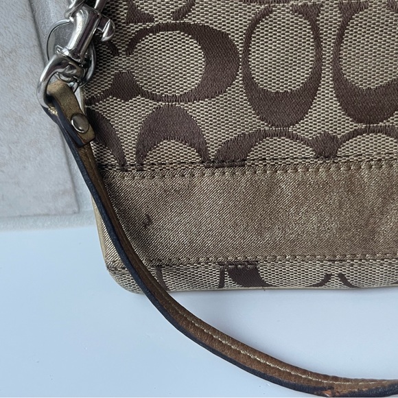 Coach Wristlet Tan Canvas Monogram Sparkly Gold Stripe - Picture 2 of 6